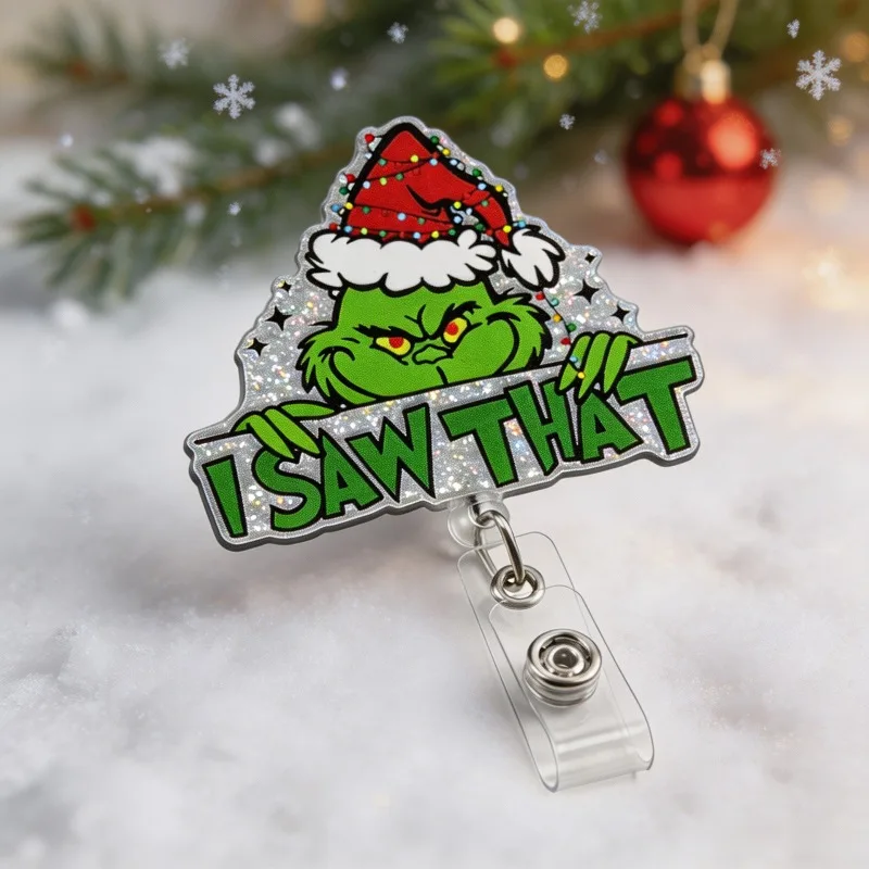 Christmas Green Monster Badge Reel Retractable ID Holder with Glitter Acrylic Green G Easy Pull Office Holiday Fun Pendant