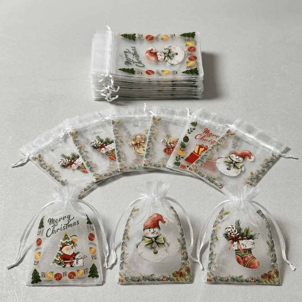 10/20pcs Merry Christmas Organza Pouch Drawstring Gift Bag Santa Stocking Snowman Print Candy Jewelry Storage Sack