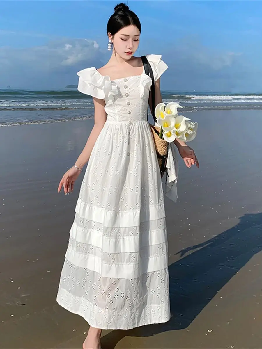 

Elegant Summer Ruffles Sleeve Backless Cotton White Dresses Women's Squared Collar Paerl Buttons Embroidery Holiday Midi Dress