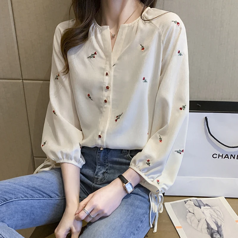 

QOERLIN V-Neck Floral Embrodered Chiffon Shirts Single-Breasted Loose Casual Tops Blouse Female Women Shirts 2024 Spring Summer