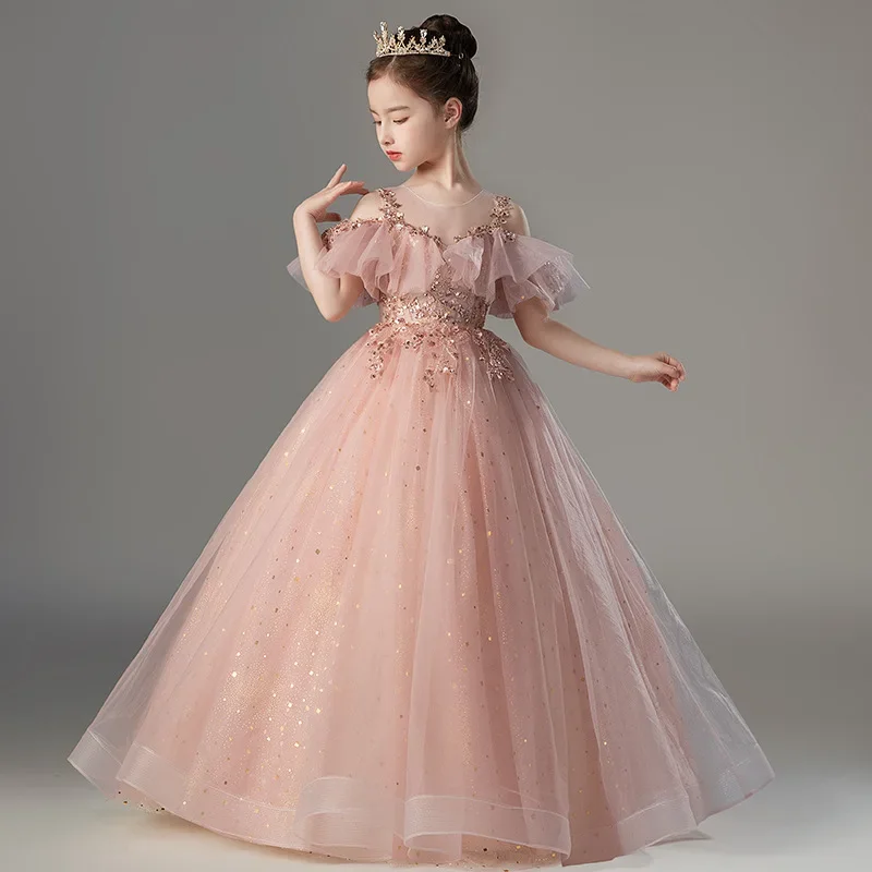 Paillettes rugiada spalla bambini abiti per la festa abito da sposa bambini abito da spettacolo bambino Tulle principessa vestito per ragazze