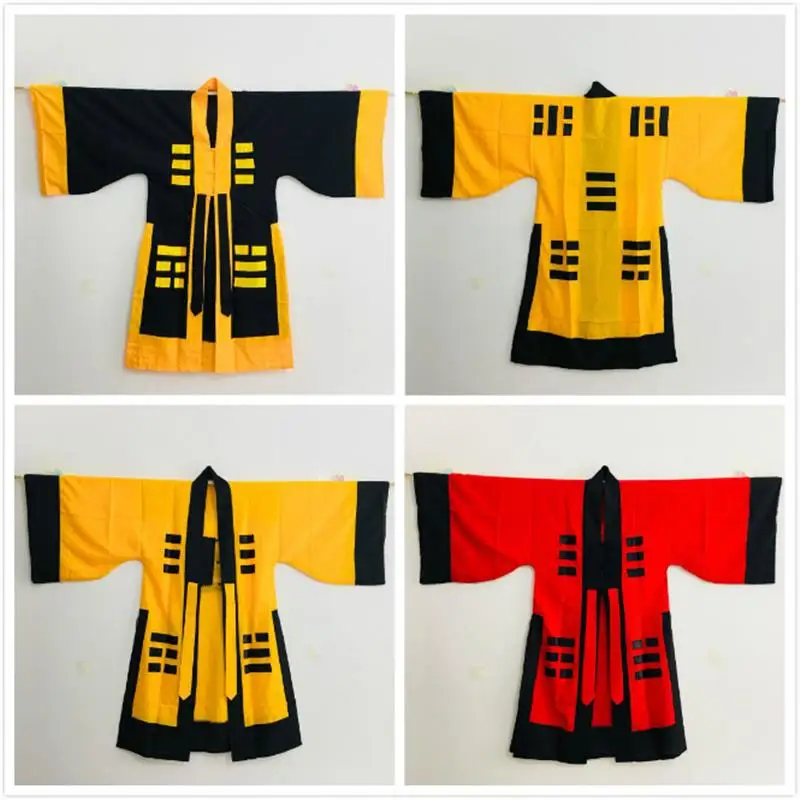 Set Jubah Taoist Berkualitas Tinggi Warna Kuning Kostum Tai Chi Delapan Triams Pakaian Taoist untuk Halloween Dekorasi Rumah dan Perlengkapan