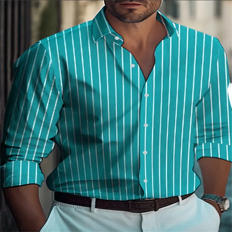 Men's stylish striped loose shirt, casual breathable lapel button-down shirt, long sleeve shirt, soft and comfortable fabric top