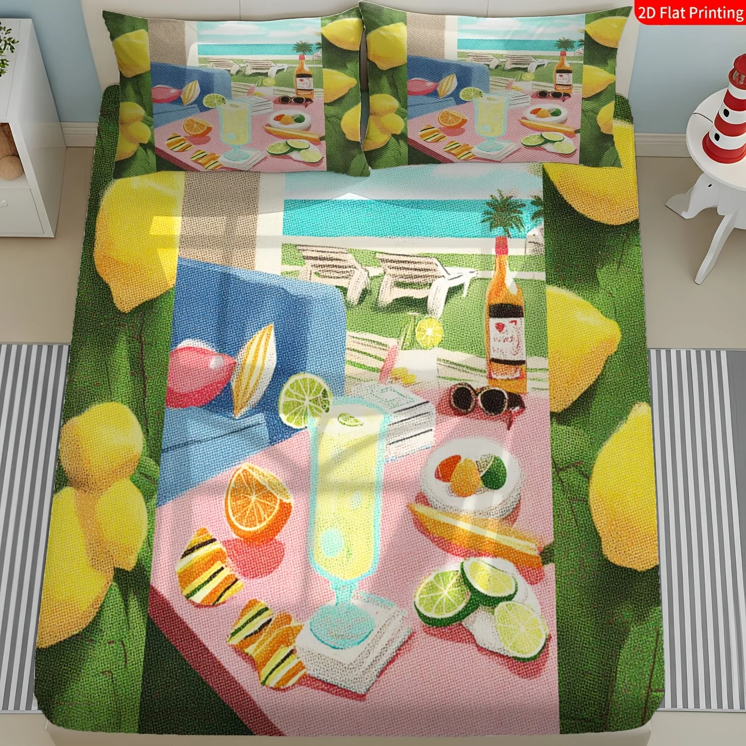 2D Printed Bedding Set, Mattress Protector, Fitted Sheet with Elastic Band, Protective Cover, 2D Flat Printing, Mattress Protector, Tropical Summer Style, Beach-Themed Bedding for Resort Villages, Resort Hotels, Bedrooms - Holiday Decoration, Various Sizes, Breathable Protective Cover with Pillowcase