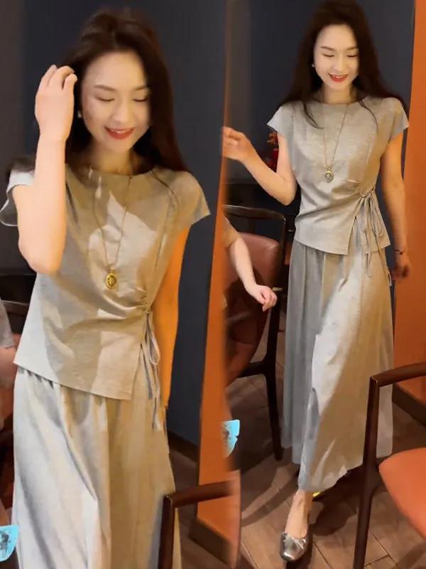 

Casual Summer New Design Women's Short Sleeve T-shirt High Waist Skirt Two-Piece Set Breathable Linen Material round Neck