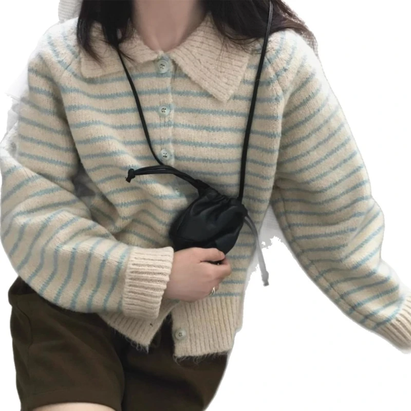Cardigan Women Sweaters Coats Striped Turn Down Collar Jumpers Coat Y2k Streetwear Elegant Splice Knit Open Stith Autumn Winter