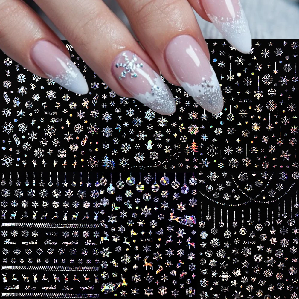 

6PCS Holographic Christmas Nail Art Sticker 3D Laser Silver Snowflakes Elk Snowman Nail Decals Aurora Snow Lamp Xmas Nail Decora
