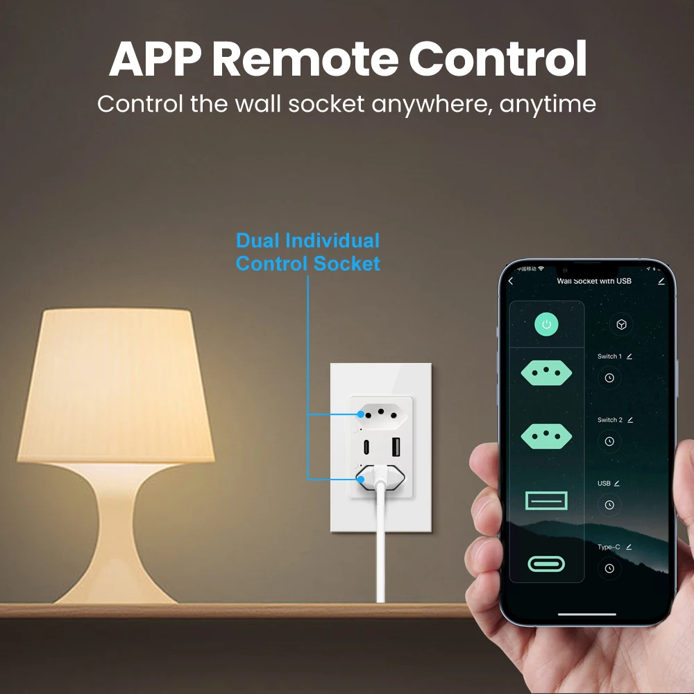 AVATTO Brazil WiFi Smart Wall Socket with Type-C USB Port individual Control,Tuya Smart Outlet Plug,Work for Alexa Google Home