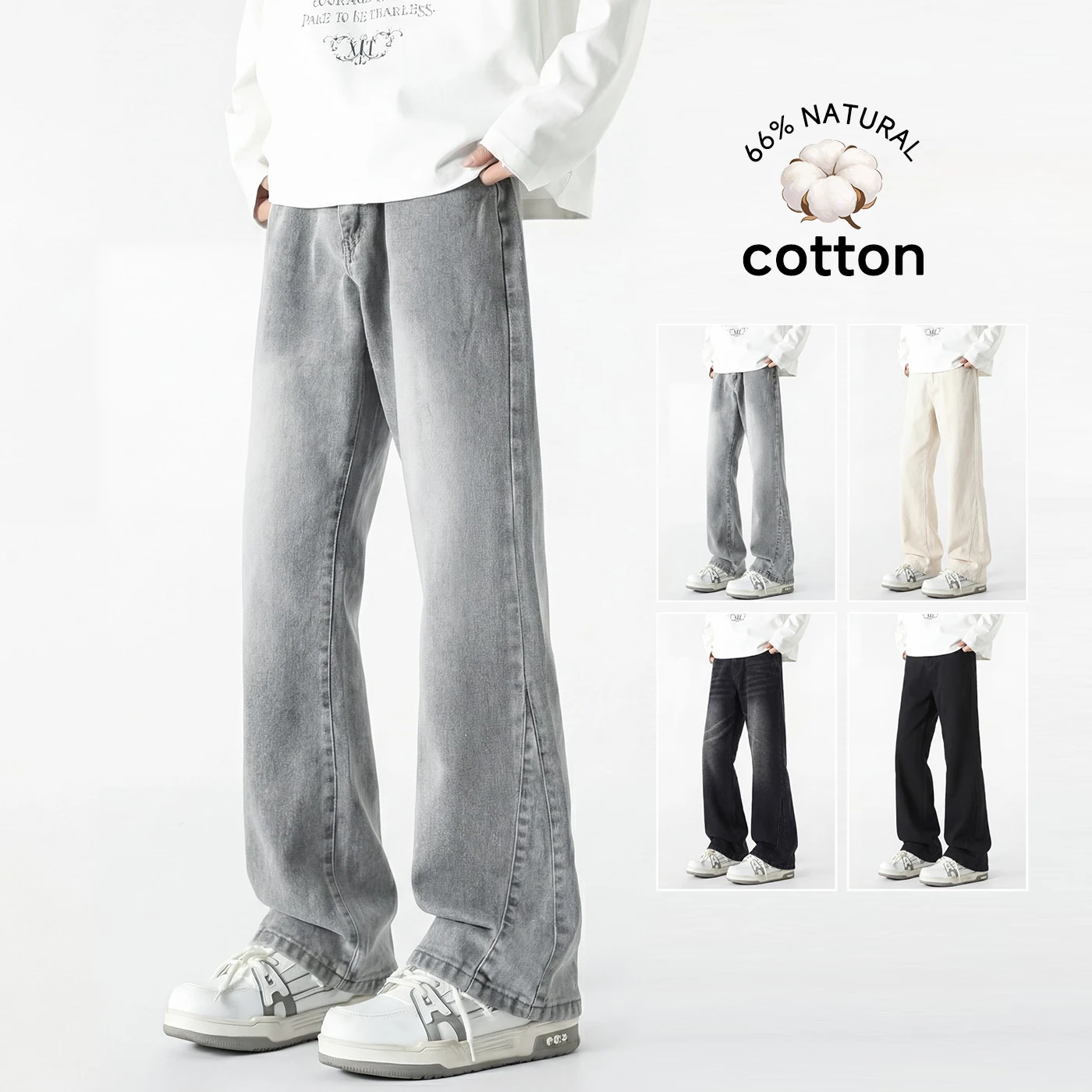 Spring Summer 2026 Men's Cotton Flared Jeans Loose Denim Pants Streetwear Black Gray Bell-bottoms Retro Casual Trousers Male