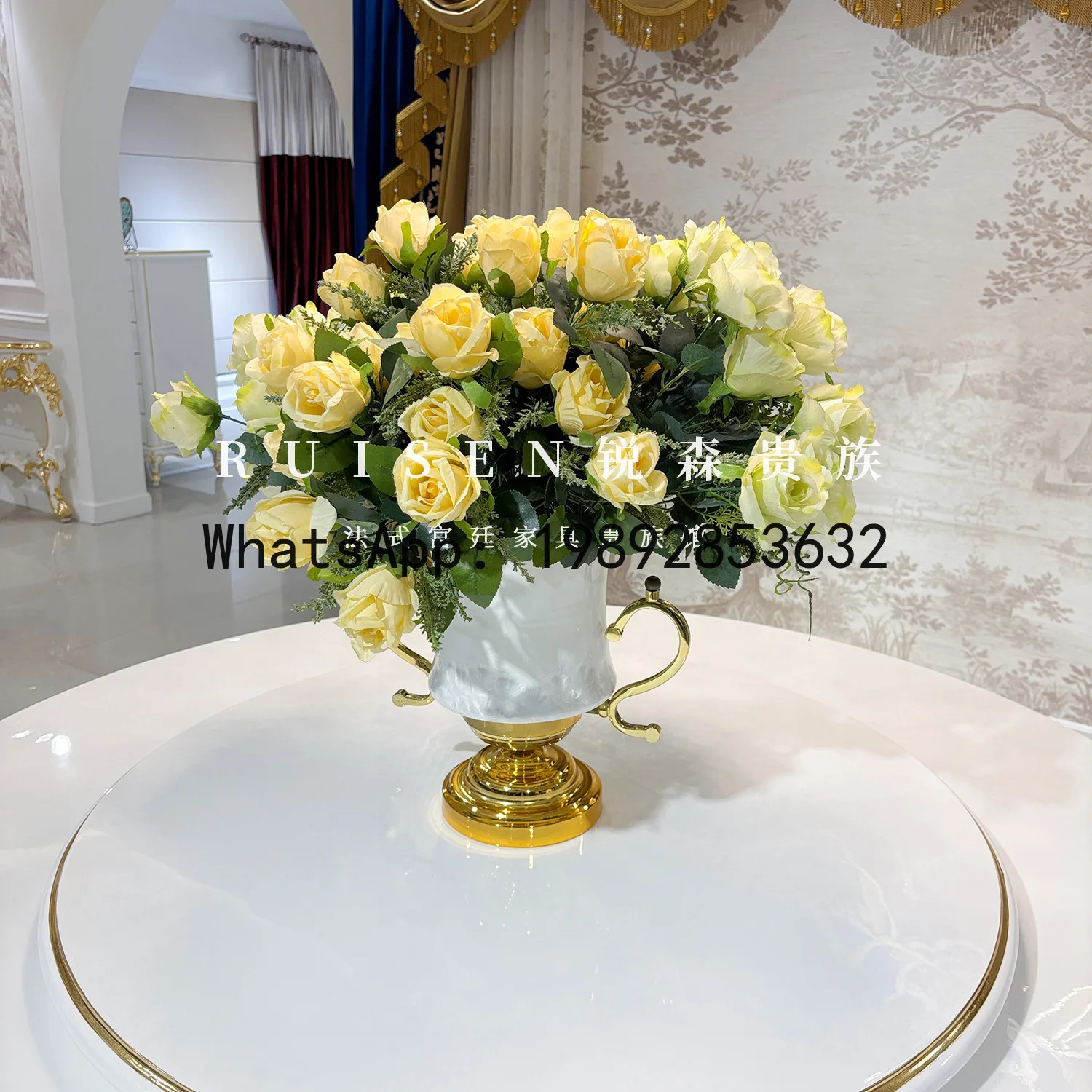 CZ French Round Dining Chair Set Solid Wood Carved Dining Table Palace Style with Turntable Restaurant Dining Table