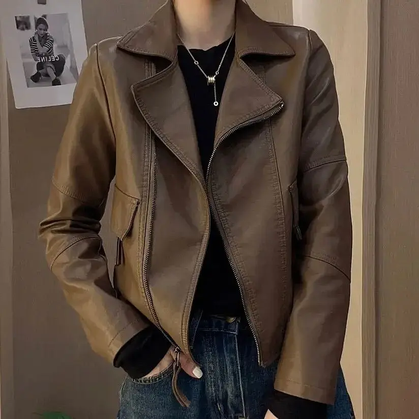 

2023 Simple Style Leather Coat Women's Turn-down Collar Zipper Leather Coat Autumn Winter Pocket Loose Office Lady Leather Coat