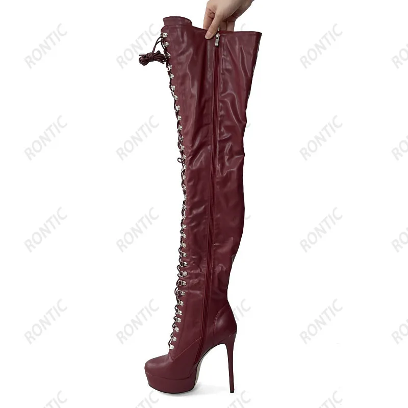 Rontic Handmade Women Winter Over The Knee Boots Stiletto Heels Round Toe Black Party Shoes Ladies US Plus Size 5-20