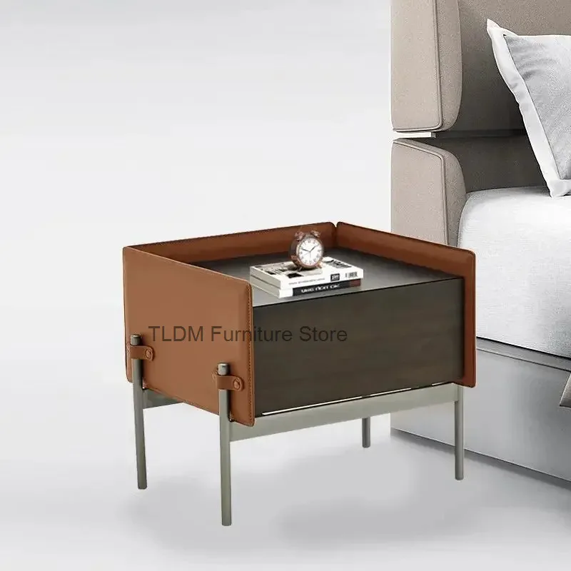 Room Solid Wood Leather Wrapped Bedside Sofa Table Bedroom Living Side Table TV Storage Modern Furniture