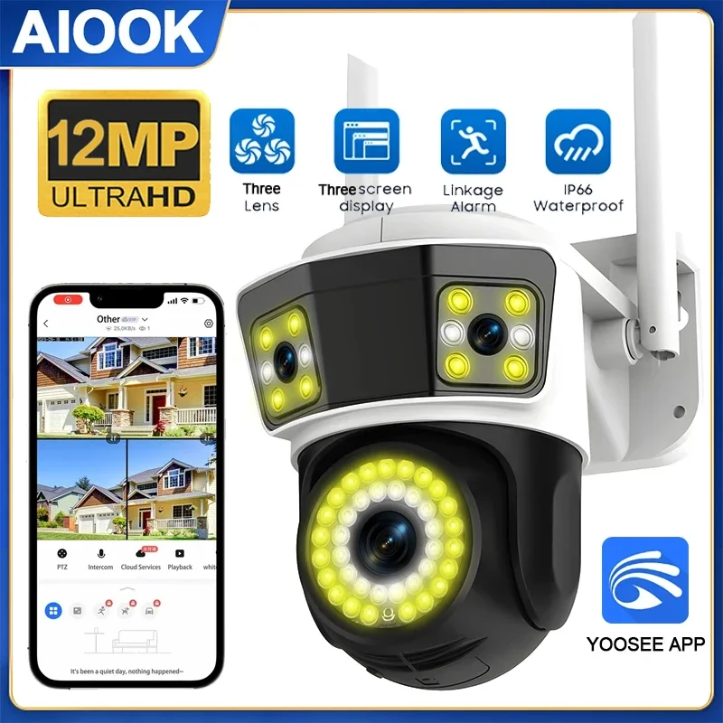 AIOOK 3 Lens HD 12MP YOOSEE Camera WIFI Outdoor Waterproof Two-Way Intercom Night Vision Video Camera Mobile Tracking IP CCTV