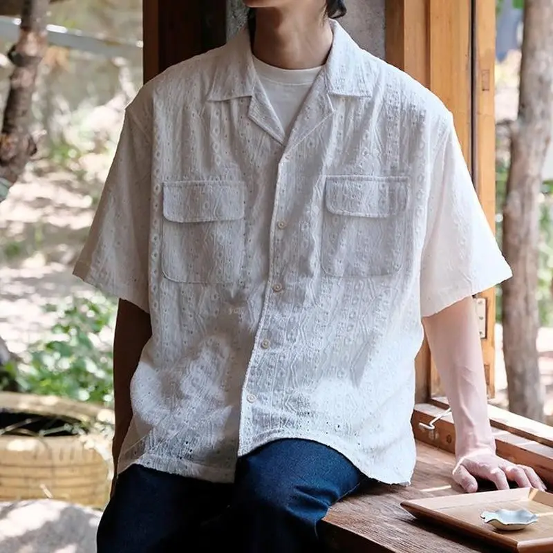 

Men Clothing 2024 Summer Vintage Simple Casual Cuban Collar White Shirt Y2K Fashion Embroidery Hollow Short Sleeve Pockets Tops