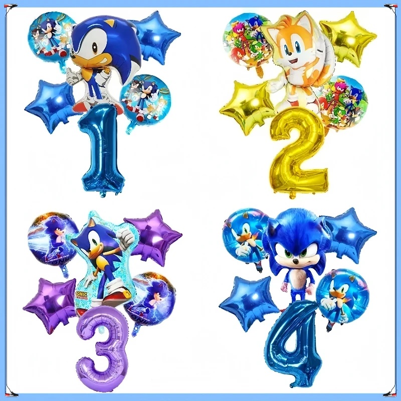 6 pièces, décorations de ballons en aluminium à motifs de hérissons bleus et rouges, ballons numériques pour fête d'anniversaire sur le thème des enfants, décorations de célébration