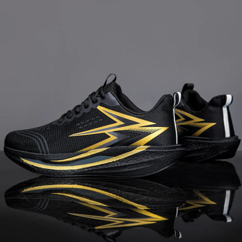 Fashion Men's Black Gold Running Shoes Breathable Lightweight Sneakers Non-Slip Casual Walking Shoes Outdoor Sports Gym Training