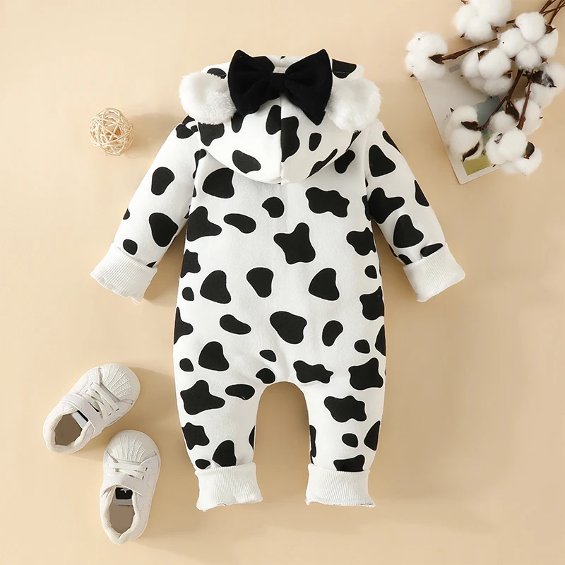 Baby Jumpsuit Newborn Infant Boys Girl Soft Warm Long Sleeve Hooded Heart/Cow Pattern Bow Zipped Romper Casual Winter Clothes