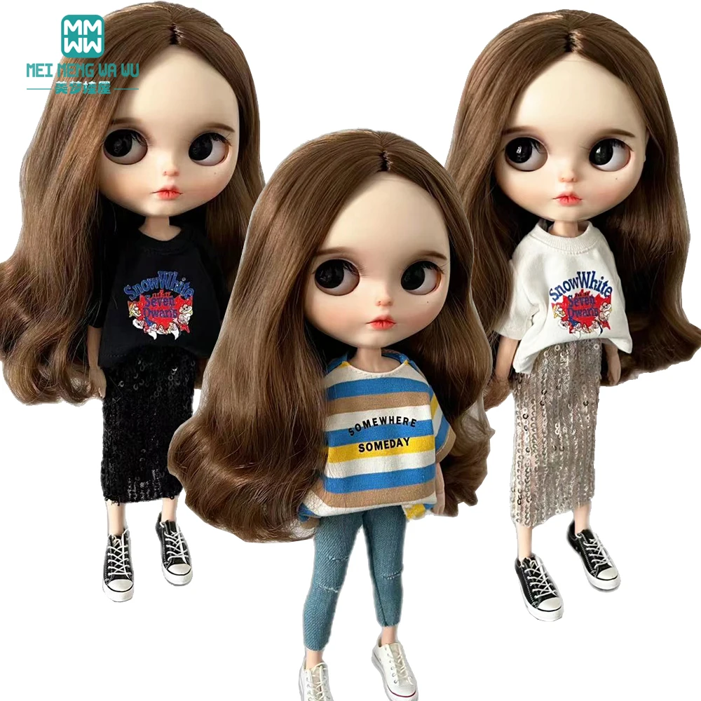 Blyth Doll Clothes azon OB22 OB24 Fashion striped T-shirt, jeans, sequin skirt Toys Gift