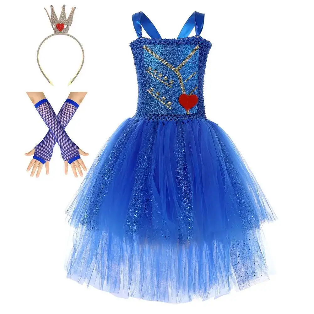 أزياء Royalblue أحفاد إيفي للفتيات فساتين زائدة عالية ومنخفضة للهالوين للأطفال ملابس كرنفال مع تاج