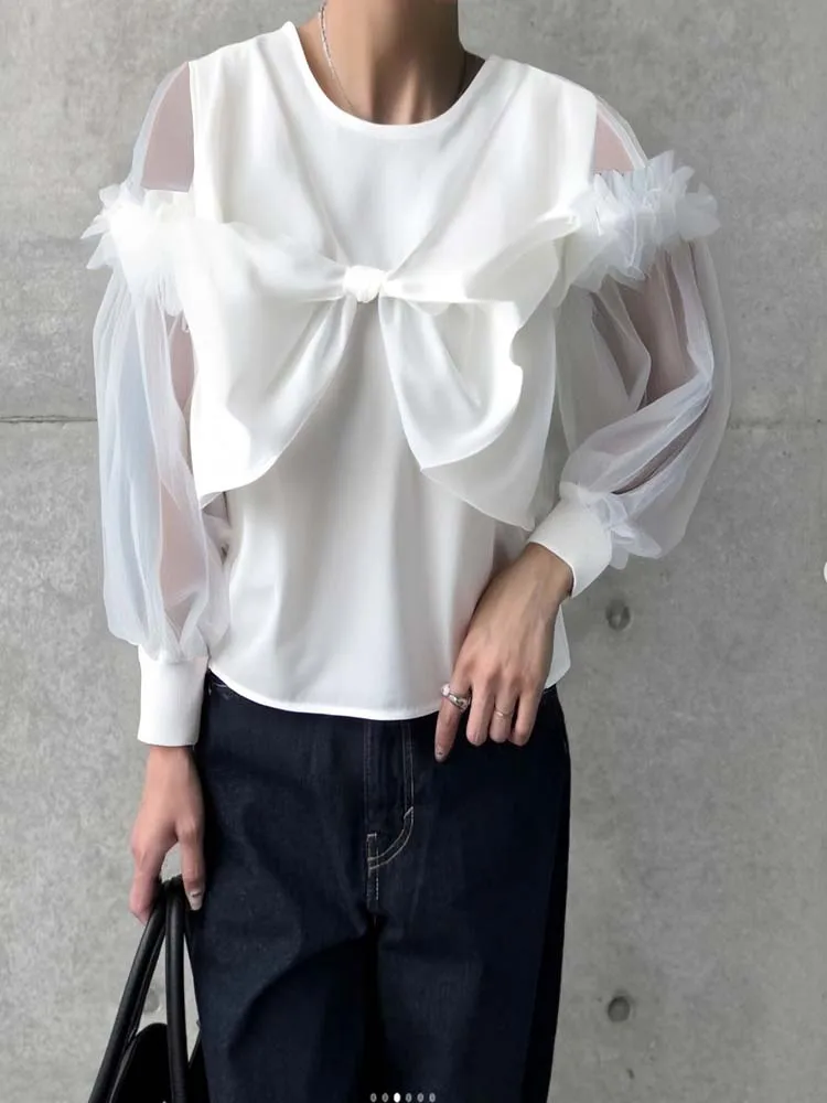 

Fashion Shirt With Mesh Patchwork 2026 White Long Sleeve Tops Women Bowknot Sweet T-shirt Korean Style Cute Summer T Shirts