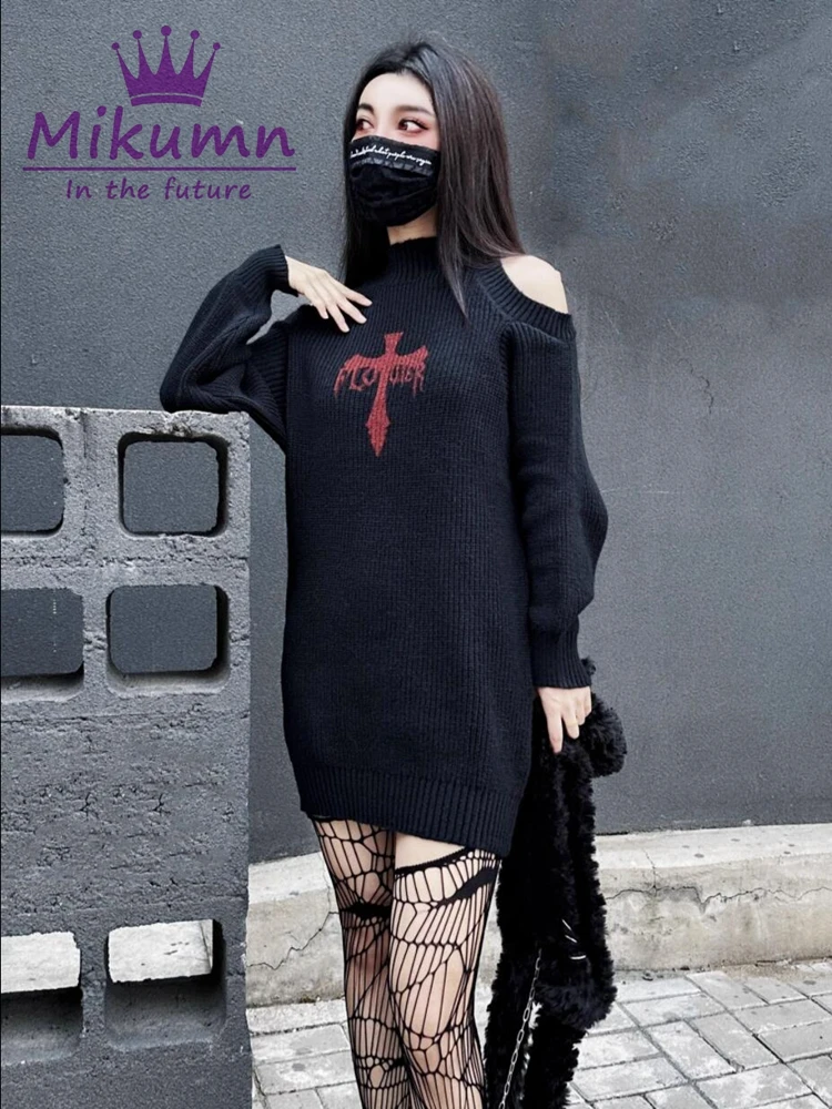 Mikumn Harajuku Gothic Sweater Women Off Shoulder Cross Print Grunge Pullover Y2k Punk Rock Sexy Long Sleeve Black Knitwear