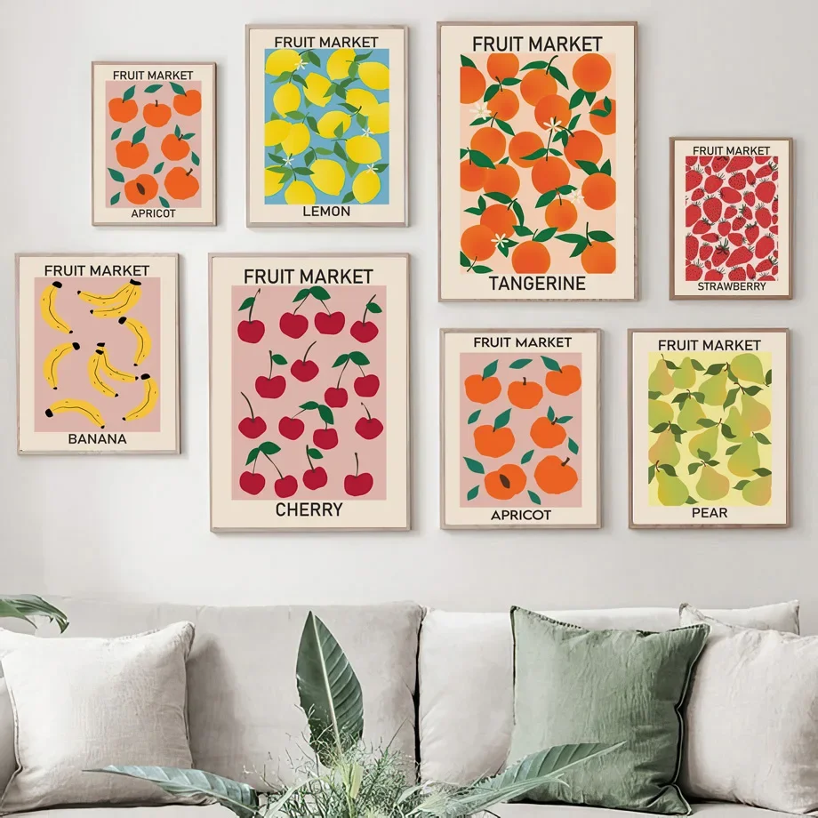 Vintage Wall Art Canvas Pictures, Fruit Market, Cherry, Lemon, Pear, Banana, Orange, Kitchen Decoration, Posters