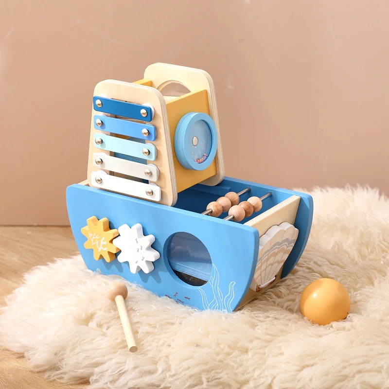 Baby Wooden Building Blocks Toys Montessori Baby Musical Instrument Five-in-one Ship Puzzle Toys Early Education Toys Child Gift