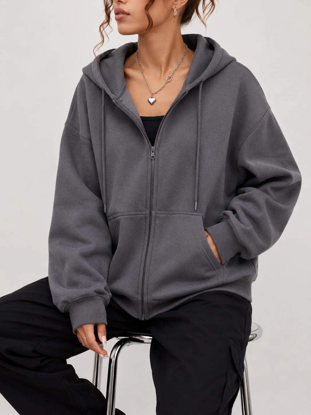 2026 Women Casual Zip Up Hoodie Autumn Winter Light Fleece Hooded Jacket Solid Color Loose Fit Sweatshirt Daily Streetwear