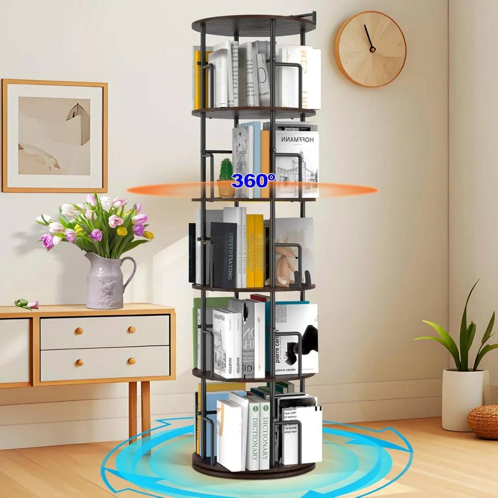 

Solid Wood Rotating Bookshelf, 5 Tiers, 360 Degree Rotating Bookshelf Tower, Round Floor Standing Rotating Bookcase with Anti-Ti