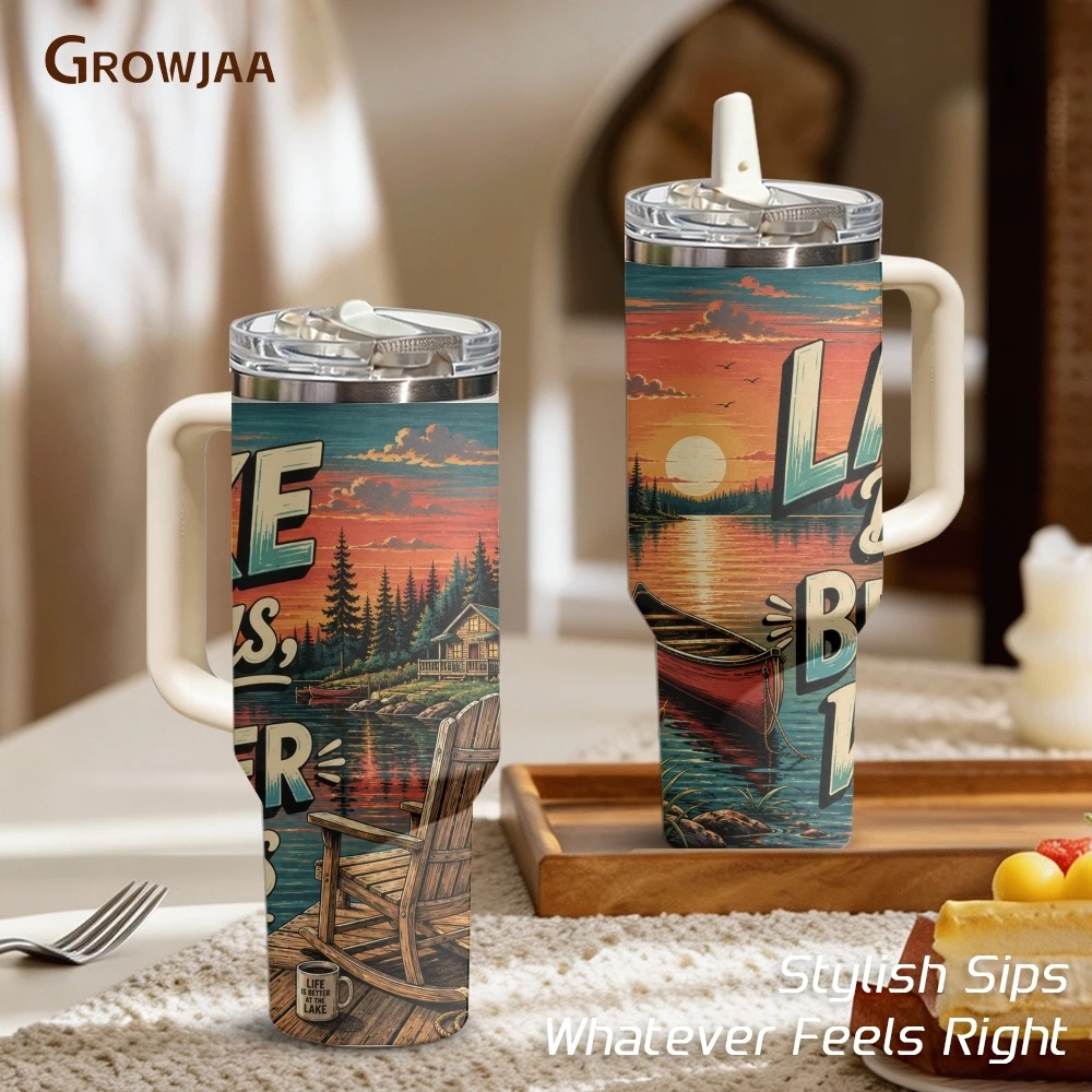 Lake Life Sunset Canoe Vacuum Flasks 40oz 3rd Gen Vacuum Insulated Stainless Steel Tumbler Cup with Handle Straw Lid for Gifts
