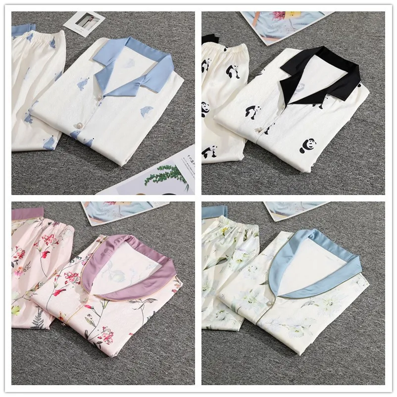 Summer ice and snow silk twill lapel cardigan short-sleeved trousers pajamas women's suit casual sweet printed home clothes