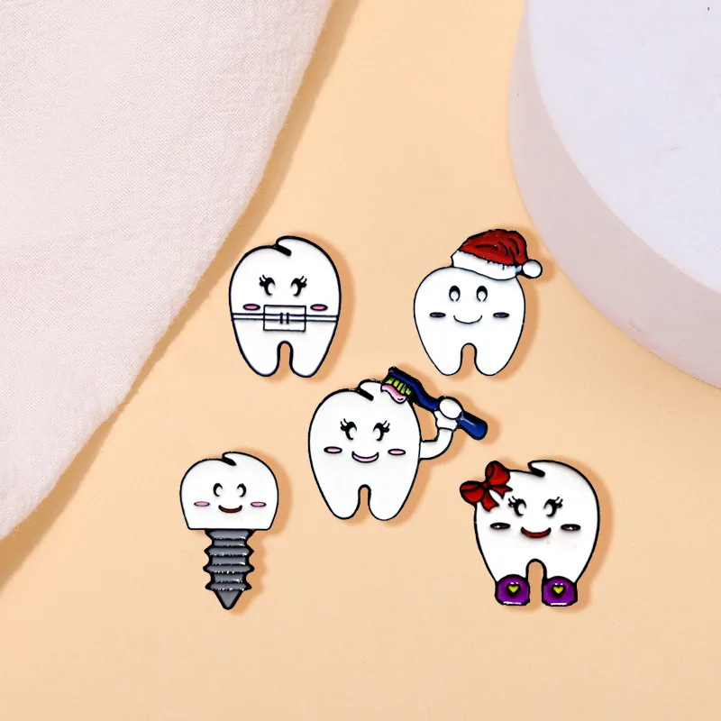 Cute Tooth Brooch Bow Tooth Doctor Screw Fruit Repairman Red Flag Unicorn Crown Healthy Tooth Badge Punk Metal Pins Jewelry Gift view 3