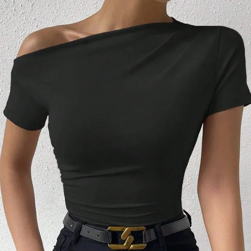 Solid One Shoulder T-shirt Elegant Short Sleeve Ruched Top For Spring Summer Women\'s Clothing