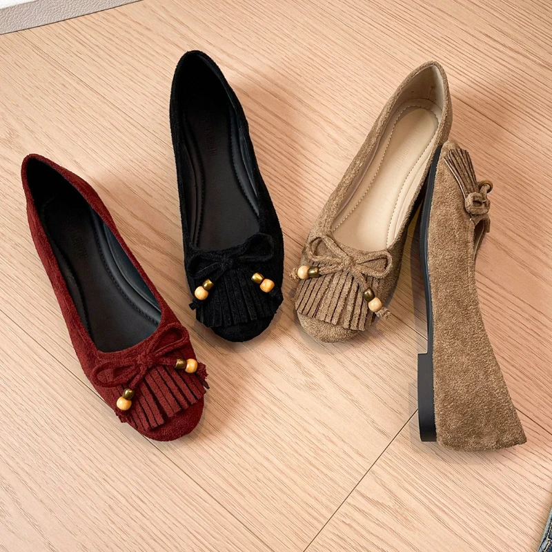 Retro Baleriny z Frędzlami Damskie Modne Sznurowane Koraliki Kokarda Eleganckie Sztuczne Zamszowe Mary Jane Wygodne Damskie Designerskie Buty Loafers