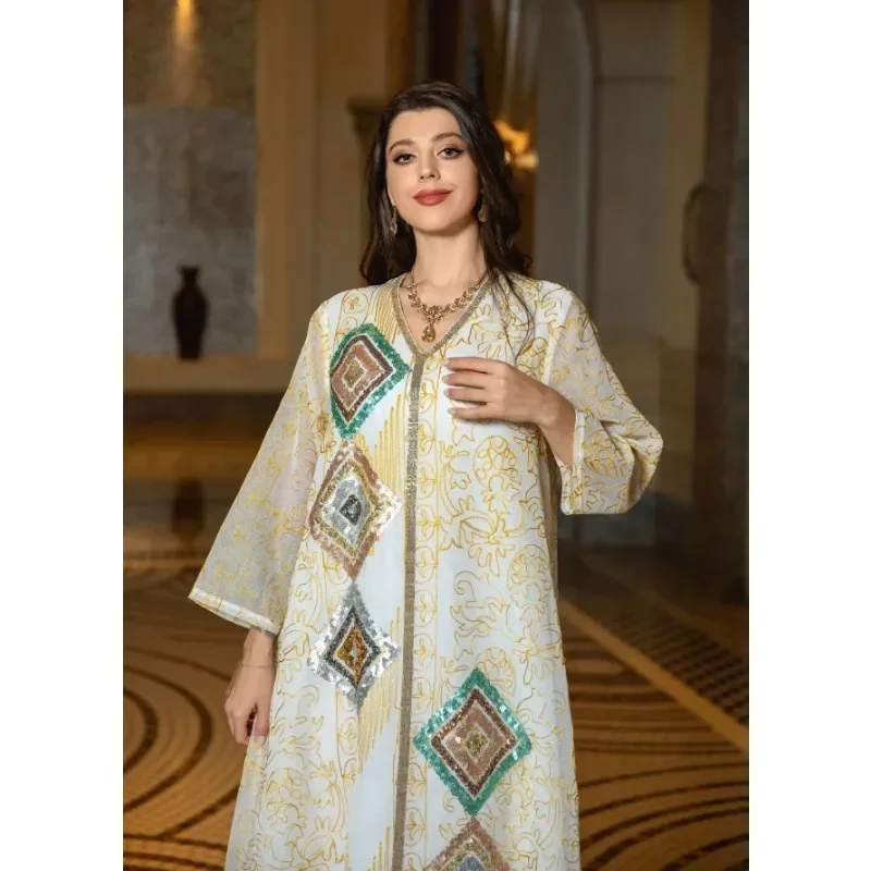 Eid Muslim Morocco Party Dress for Women Abaya Jalabiya Mesh Sequins Dresses Dubai Abayas Kaftan Islam Maxi Vestidos Arab Robe