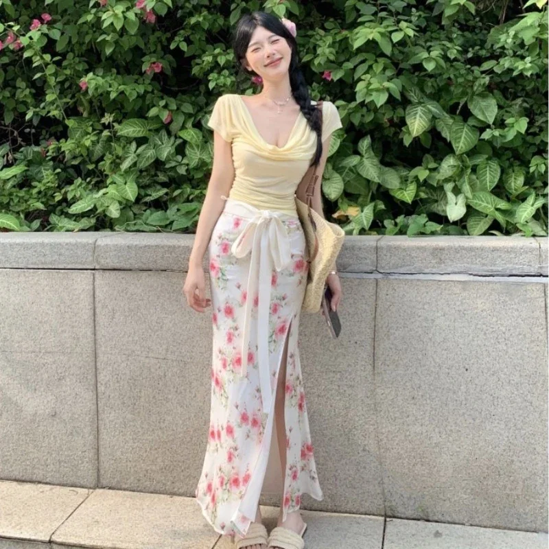 Long Women's Two Skirt Piece Set Maxi Chic and Elegant Clothing New Arrivals In The Same Vintage Luxury Designer Female Outfits