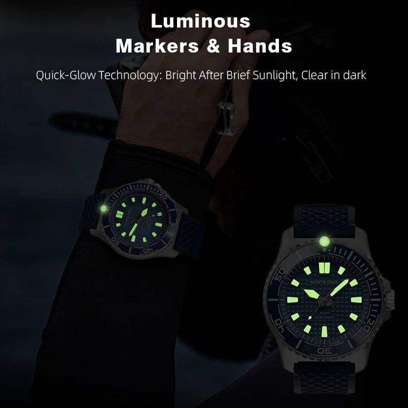 NORTH EDGE ABYSS Men's Solar Dive Watch 200M Waterproof Quartz Sports Wristwatch 316L Steel Case 180+ Days Power Reserve