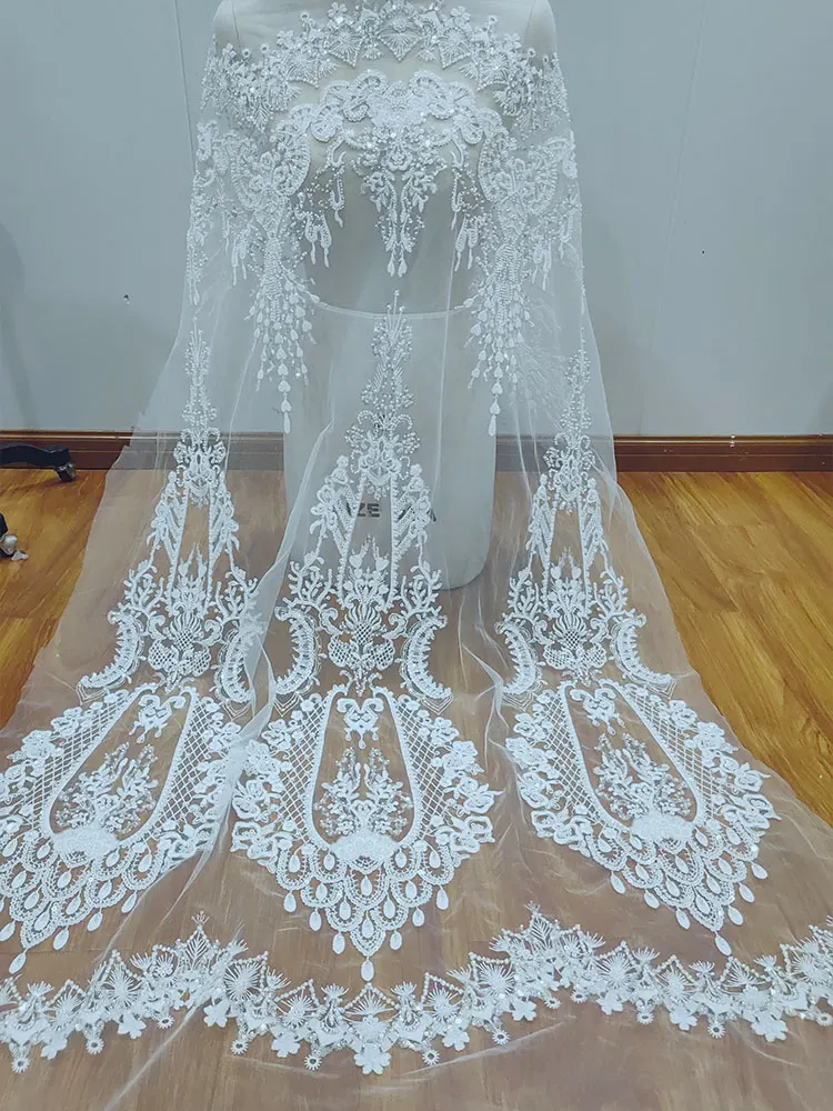 豪華な3列スパンコール刺繍ビーズチューブチュール生地、ステージ衣装やdiyウェディングドレスの素材