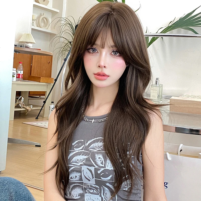 7JHH WIGS Loose Body Wavy Brown Hair Wigs with Neat Bangs High Density Synthetic Fashion Wave Wig for Women Natural Looking