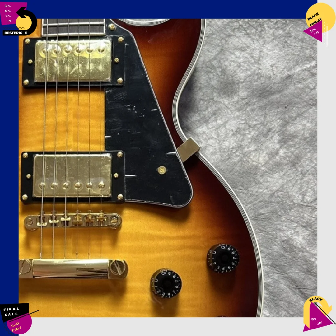 Brown Tiger Stripe Sunburst Gold Binding Electric Guitar HH Pickup Mahogany Body Classic Single Cutaway Block Fingerboard Inlays