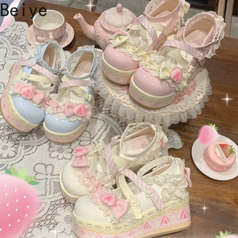 Lace Ruffle Bow Heart Women Shoes Sweet Lolita Platform Mary Jane Shoes Lady Buckle Japanese Harajuku Cute Princess Daily Shoes