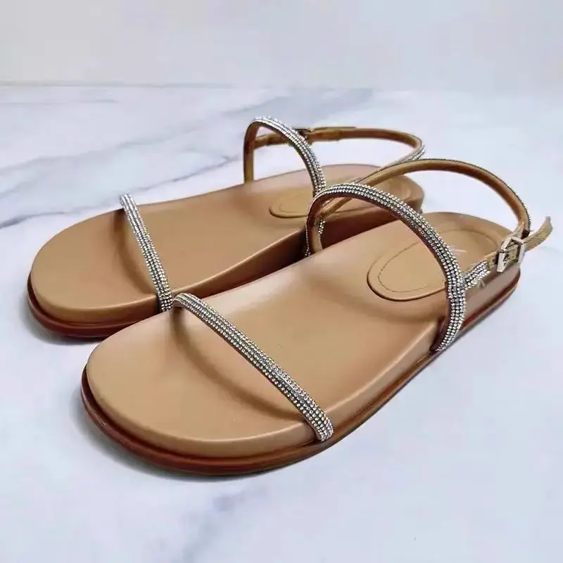 TRAF 2024 New Woman\'s Rhinestone Flat Sandals Fashion Bling One Straps Buckled Sandal For Women Chic Holiday Beach Flats Shoes