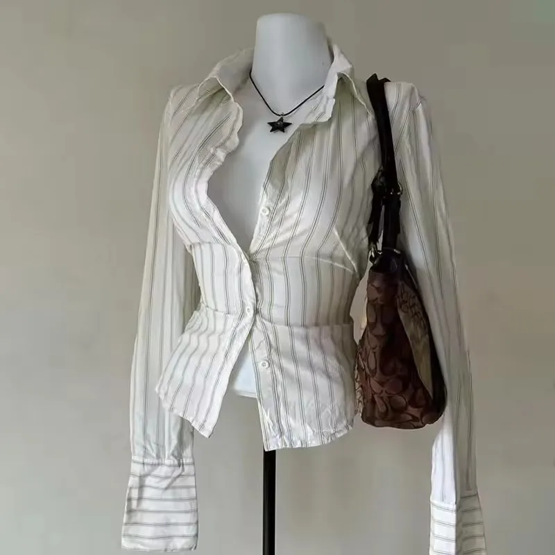 Camicetta con risvolto a righe tinta unita retrò Hot Girl Donna Estetica Y2k High Street Camicia slim American Vintage Fashion Abito a maniche lunghe
