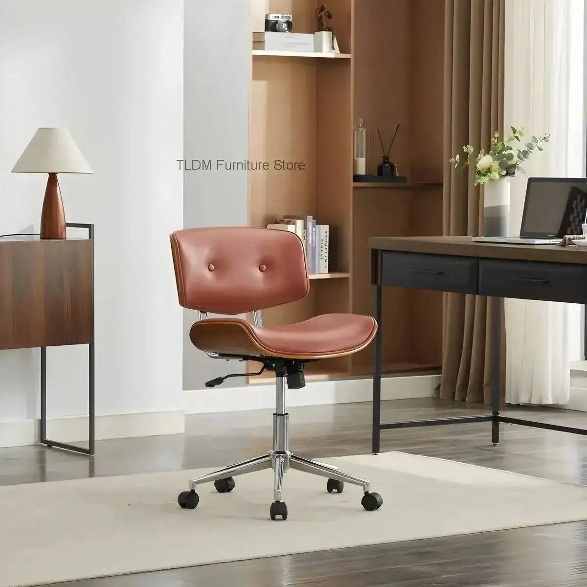 & Modern Brown Leather Office Chair, Metal Adjustable Swivel Desk Chair with Wooden Backrest Base, Retro Style Ergonomic Chair