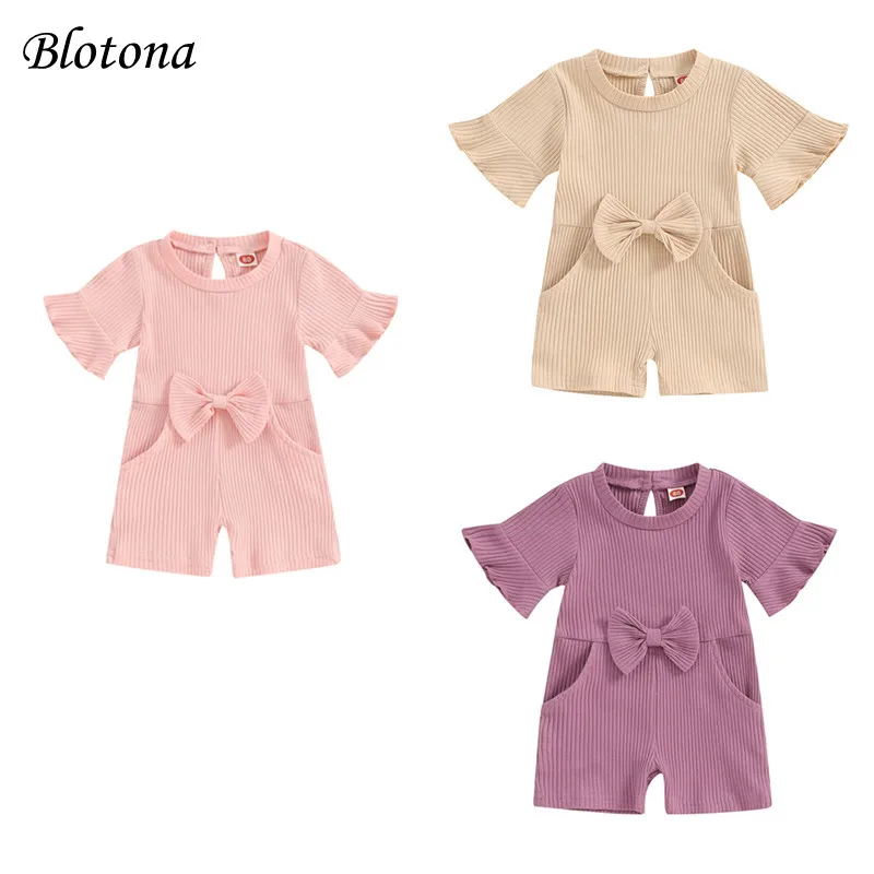 

Blotona Toddler Girl Jumpsuit, Sweet Short Sleeve Crew Neck Bow Solid Color Romper Summer Clothes 6Months-4Years