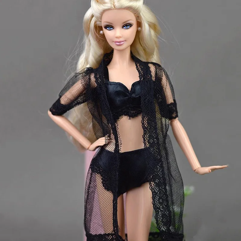 3pcs/set Doll Accessories Black Sexy Pajamas Lingerie Nightwear Lace Long Coat Night Wear Bra Clothes For 1/6 Supermodel Dolls