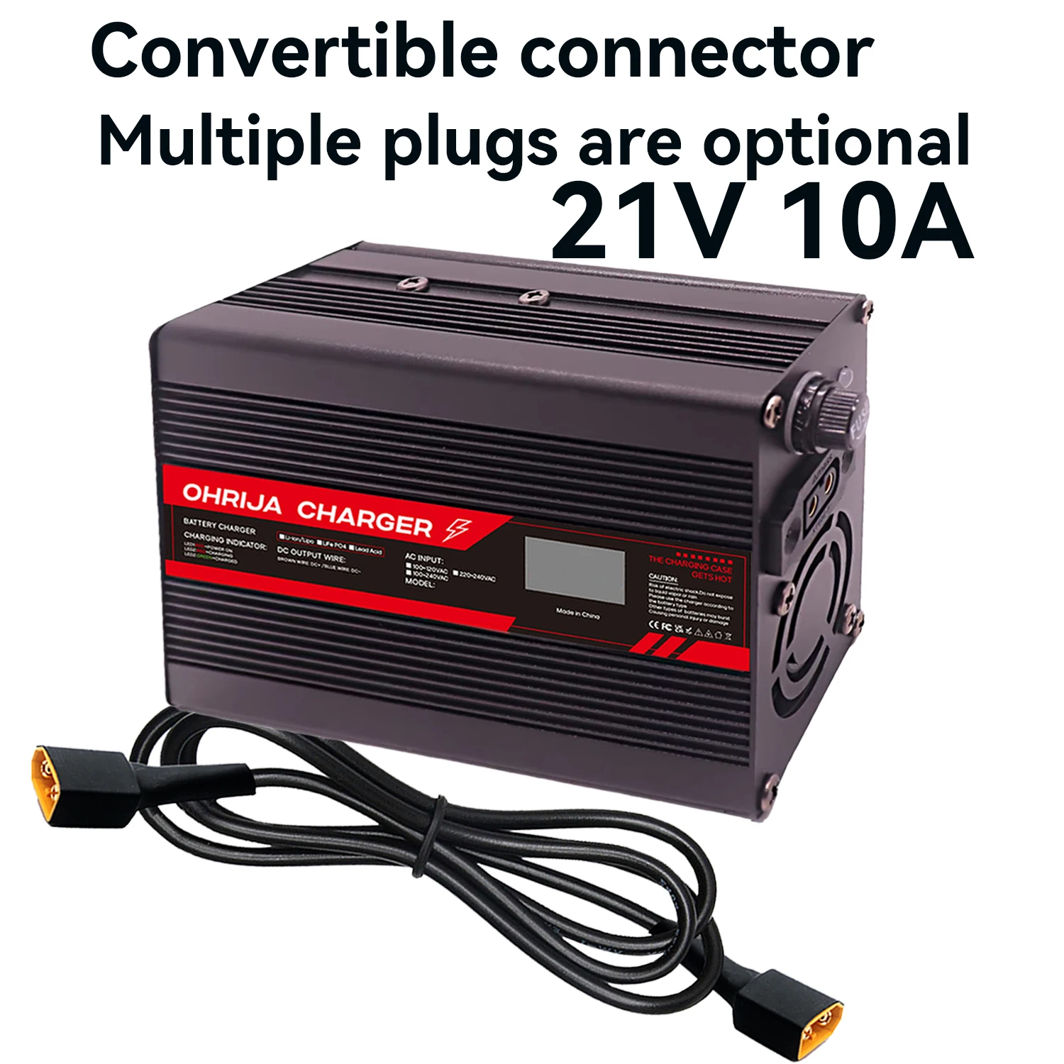 21V 10A Lithium Battery Fast Charger for 5S 18.5V OLED Display & Interchangeable Connector Fast stabilization with cooling fan
