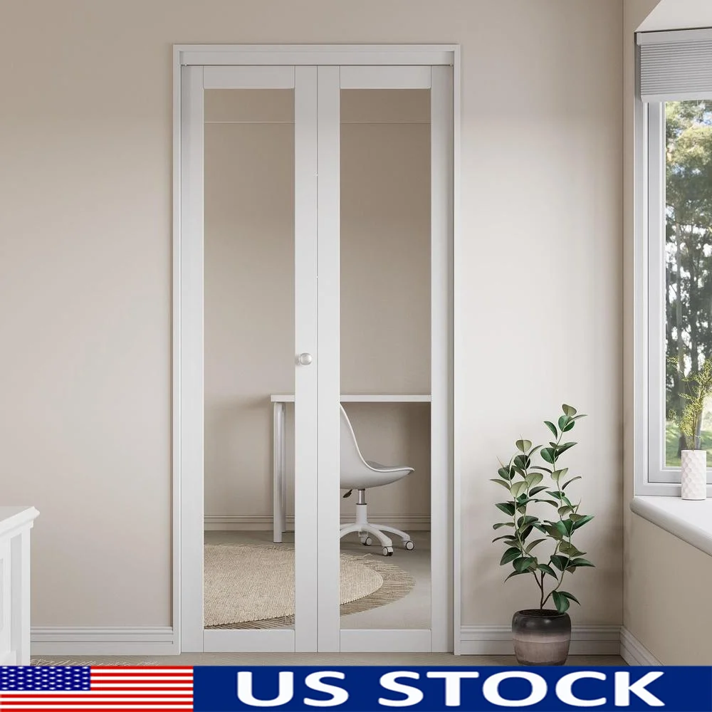 Painéis de porta bifold espelhados, superfície resistente à água e a arranhões, núcleo sólido, armário interior, despensa, qualidade de construção, fácil instalação