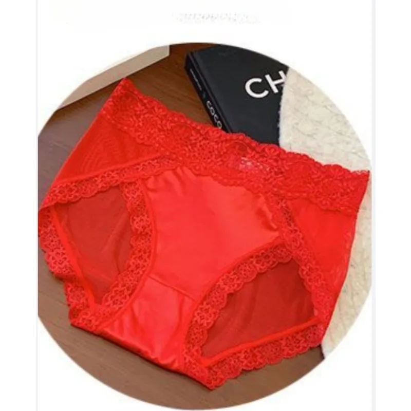 New Quick-dry Briefs Light Luxury High-grade Smooth Satin Sexy Lace Panties Thin Women's Year of Life Red Bride Wedding Briefs